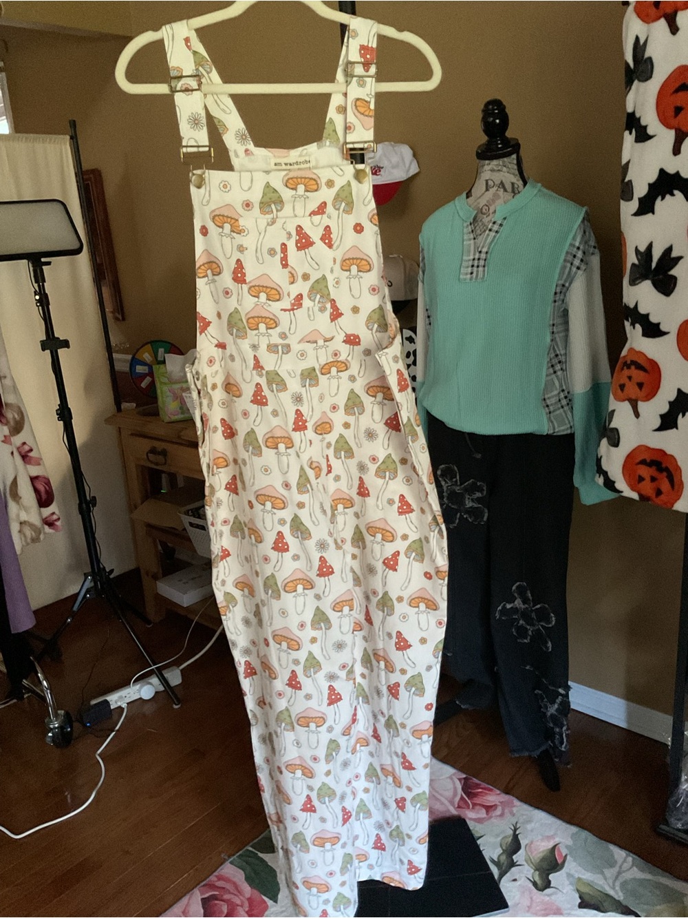 Cream Mushroom Print Kids Overalls Jumpsuit - Unbranded